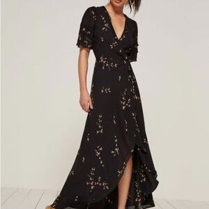 Reformation Floral Black Wrap Maxi Dress